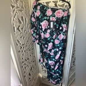 Pretty little things Black Floral one arm Midi Dress with Pink Roses